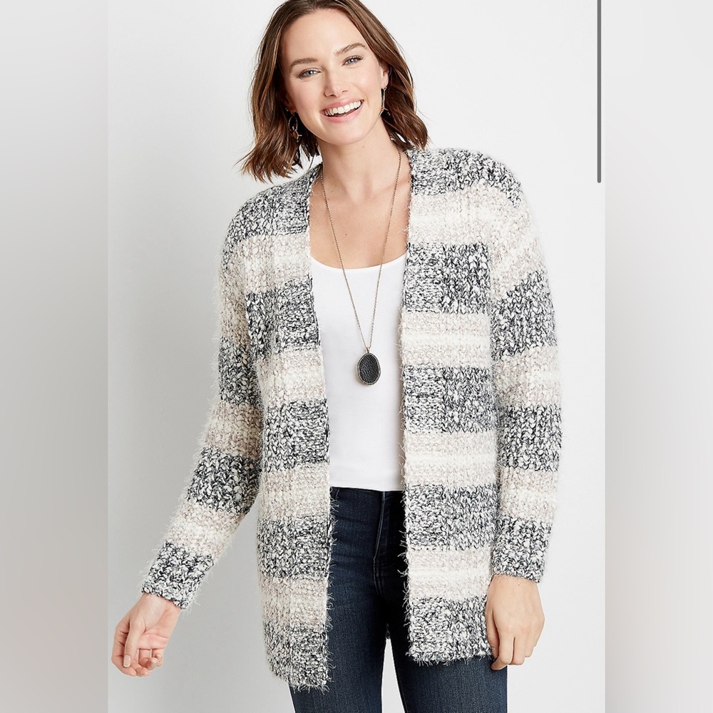 Absolutely Famous Womens Black‎ White Striped Eyelash Knit Open Cardigan Medium
